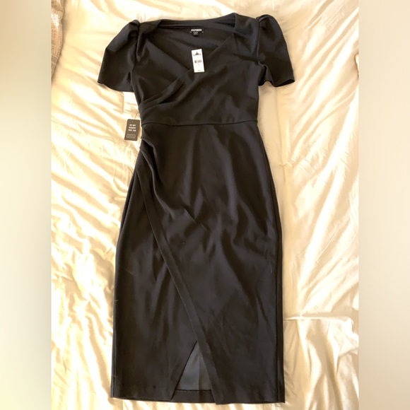 NWT Black Express V-Neck Faux Wrap Sheath Midi Dress - Picture 2 of 5